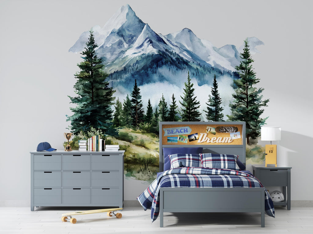 Mountain Forest Wall Decal • Watercolor Pine Tree Mural Sticker • Kids Room Nature Decor • Adventure Nursery Peel & Stick Wall Art