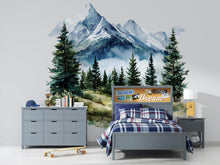 Load image into Gallery viewer, Mountain Forest Wall Decal • Watercolor Pine Tree Mural Sticker • Kids Room Nature Decor • Adventure Nursery Peel &amp; Stick Wall Art