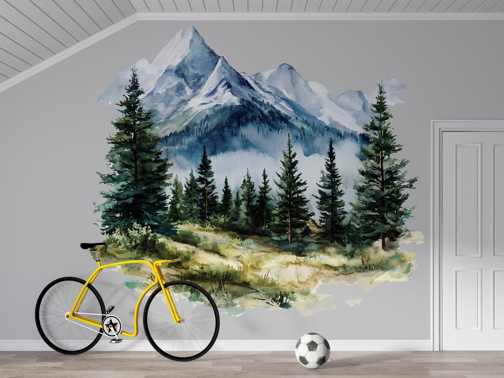 Mountain Forest Wall Decal • Watercolor Pine Tree Mural Sticker • Kids Room Nature Decor • Adventure Nursery Peel & Stick Wall Art