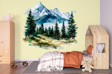 Load image into Gallery viewer, Mountain Forest Wall Decal • Watercolor Pine Tree Mural Sticker • Kids Room Nature Decor • Adventure Nursery Peel &amp; Stick Wall Art