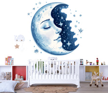 Load image into Gallery viewer, Moon Face Wall Decal • Celestial Nursery Wall Sticker, Moon And Stars Kids Room Decor, Peel &amp; Stick Night Sky Mural • Gender Neutral Nursery