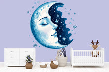 Load image into Gallery viewer, Moon Face Wall Decal • Celestial Nursery Wall Sticker, Moon And Stars Kids Room Decor, Peel &amp; Stick Night Sky Mural • Gender Neutral Nursery