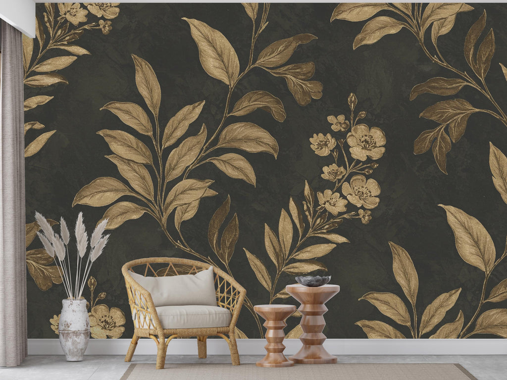 Luxurious Botanical Wallpaper – Large-Scale Gold Leaves & Flowers on Charcoal, Elegant Pattern Dramatic Wall Mural Trending Etsy Decor 979RS
