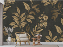 Load image into Gallery viewer, Luxurious Botanical Wallpaper – Large-Scale Gold Leaves &amp; Flowers on Charcoal, Elegant Pattern Dramatic Wall Mural Trending Etsy Decor 979RS