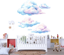 Load image into Gallery viewer, Pastel Cloud Wall Decal • Watercolor Clouds Nursery Sticker • Baby Room Wall Decor • Peel &amp; Stick Mural • Kids Room Sky Theme • Removable