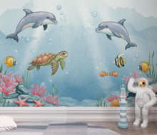 Load image into Gallery viewer, Underwater Watercolor Wallpaper Mural | Dolphin, Fish &amp; Sea Turtle Wall Art | Ocean Nursery Wallpaper | Kids Room | Baby Room Mural 166DE