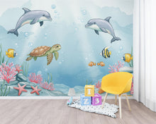 Load image into Gallery viewer, Underwater Watercolor Wallpaper Mural | Dolphin, Fish &amp; Sea Turtle Wall Art | Ocean Nursery Wallpaper | Kids Room | Baby Room Mural 166DE