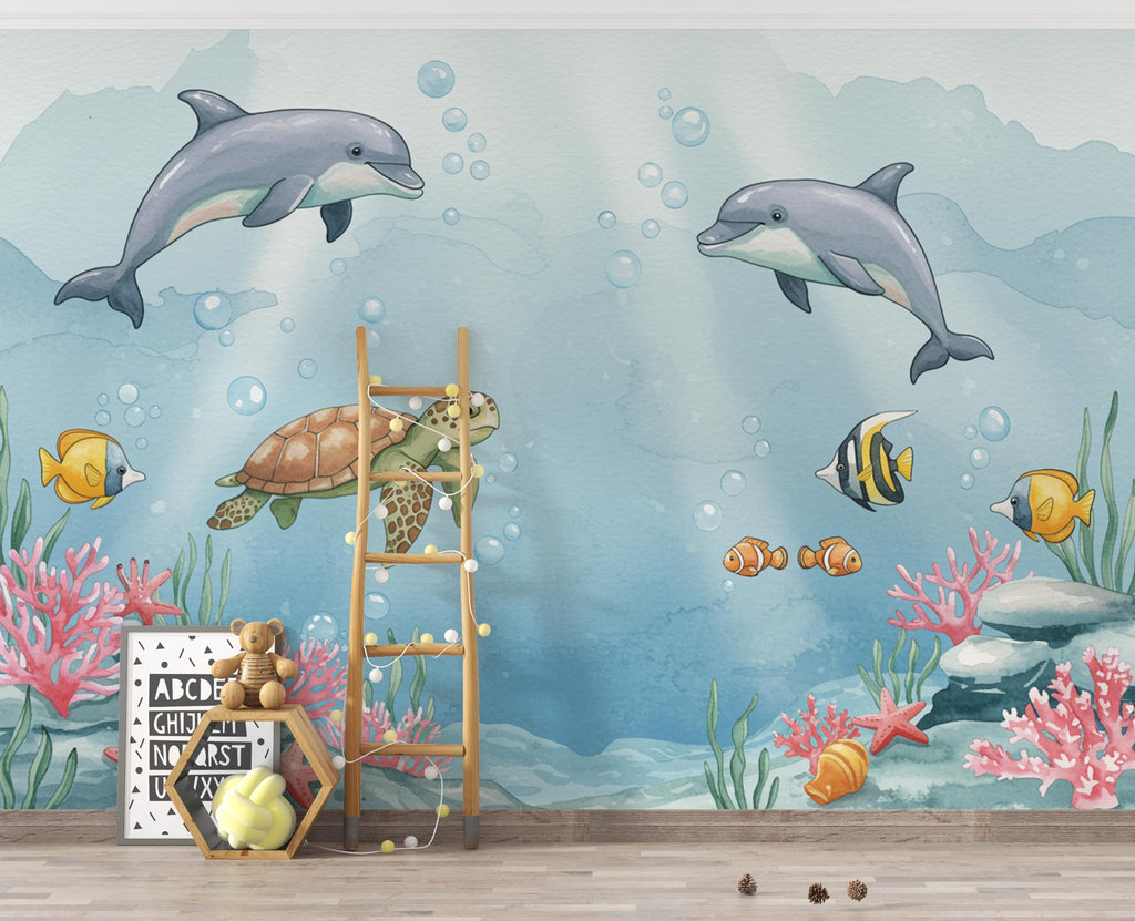 Underwater Watercolor Wallpaper Mural | Dolphin, Fish & Sea Turtle Wall Art | Ocean Nursery Wallpaper | Kids Room | Baby Room Mural 166DE