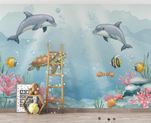 Load image into Gallery viewer, Underwater Watercolor Wallpaper Mural | Dolphin, Fish &amp; Sea Turtle Wall Art | Ocean Nursery Wallpaper | Kids Room | Baby Room Mural 166DE