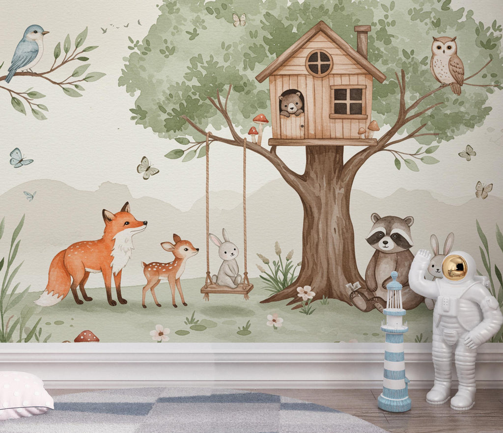 Whimsical Woodland Watercolor Wallpaper Mural | Treehouse Forest Animals Wall Art | Nursery Wall Decor | Baby Room Woodland Kids Room 167DE