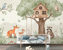Load image into Gallery viewer, Whimsical Woodland Watercolor Wallpaper Mural | Treehouse Forest Animals Wall Art | Nursery Wall Decor | Baby Room Woodland Kids Room 167DE