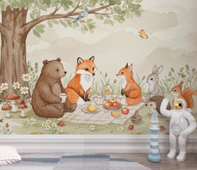 Load image into Gallery viewer, Watercolor Woodland River Wallpaper Mural | Bear, Fox &amp; Bunny Wall Art | Forest Animals Nursery Decor | Kids Room Wall Mural Woodland 168DE