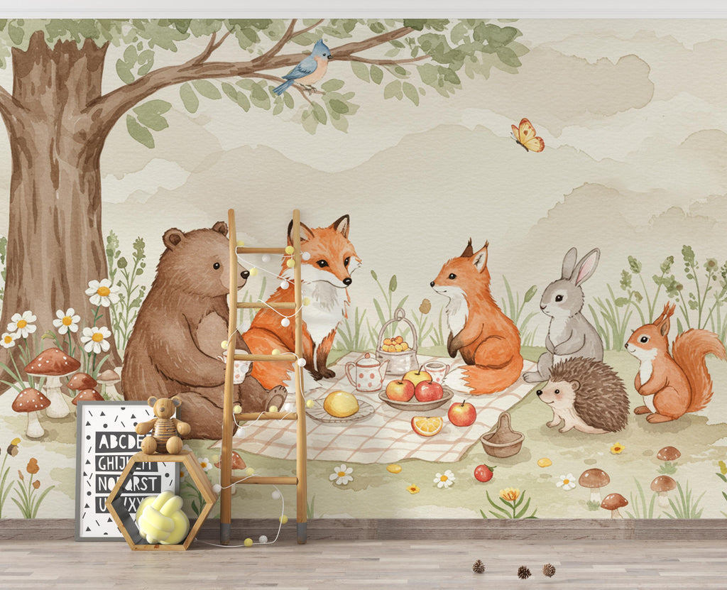 Watercolor Woodland River Wallpaper Mural | Bear, Fox & Bunny Wall Art | Forest Animals Nursery Decor | Kids Room Wall Mural Woodland 168DE
