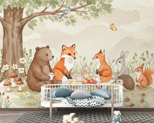 Load image into Gallery viewer, Watercolor Woodland River Wallpaper Mural | Bear, Fox &amp; Bunny Wall Art | Forest Animals Nursery Decor | Kids Room Wall Mural Woodland 168DE