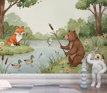 Load image into Gallery viewer, Soft Watercolor Woodland River Wallpaper Mural | Bear, Fox &amp; Bunny Forest Wall Art | Nursery Wallpaper | Woodland Animals Room Decor 169DE