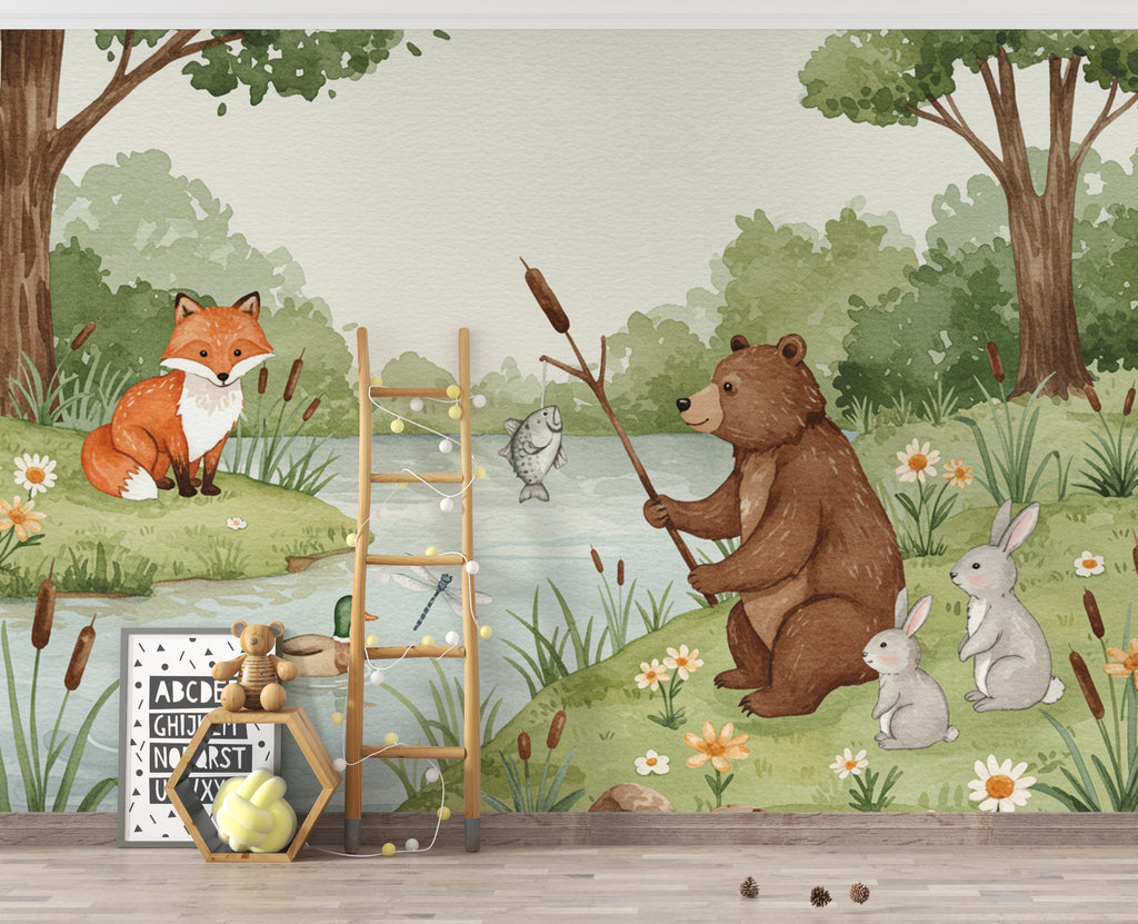 Soft Watercolor Woodland River Wallpaper Mural | Bear, Fox & Bunny Forest Wall Art | Nursery Wallpaper | Woodland Animals Room Decor 169DE