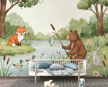 Load image into Gallery viewer, Soft Watercolor Woodland River Wallpaper Mural | Bear, Fox &amp; Bunny Forest Wall Art | Nursery Wallpaper | Woodland Animals Room Decor 169DE