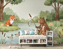 Load image into Gallery viewer, Soft Watercolor Woodland River Wallpaper Mural | Bear, Fox &amp; Bunny Forest Wall Art | Nursery Wallpaper | Woodland Animals Room Decor 169DE
