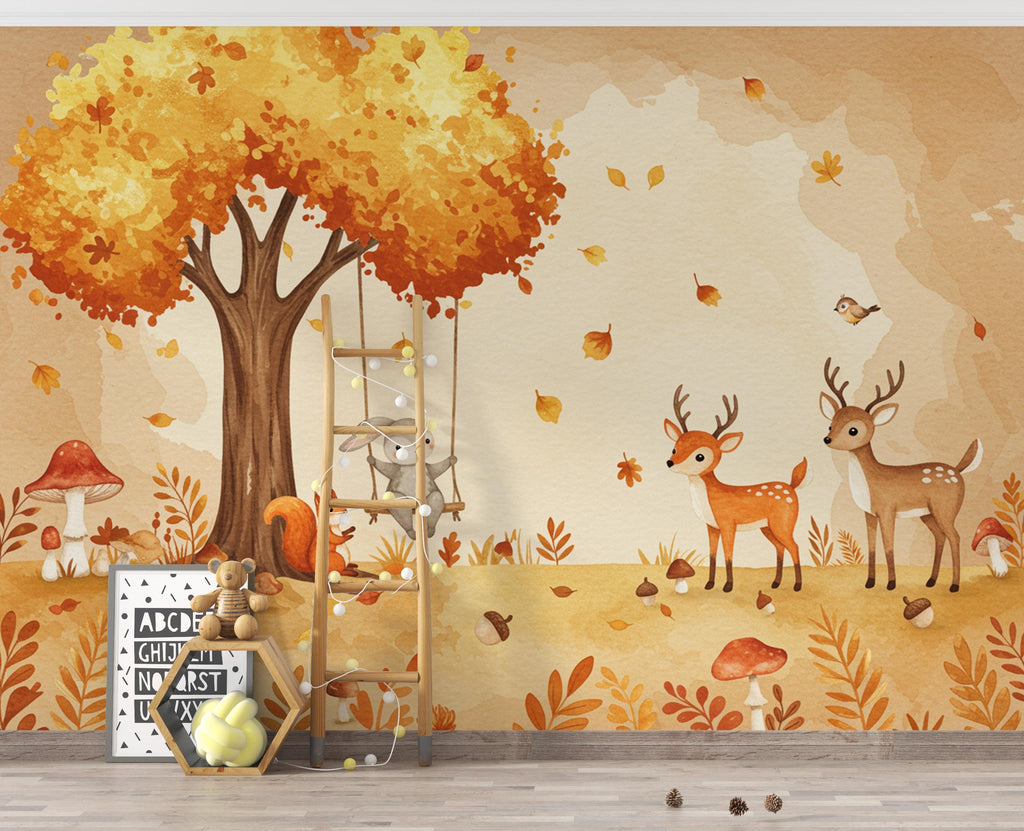 Autumn Woodland Watercolor Wallpaper Mural | Fall Forest Animals Wall Art | Bunny, Fox & Deer Nursery Decor | Cozy Fall Kids Room 170DE