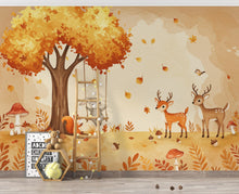 Load image into Gallery viewer, Autumn Woodland Watercolor Wallpaper Mural | Fall Forest Animals Wall Art | Bunny, Fox &amp; Deer Nursery Decor | Cozy Fall Kids Room 170DE