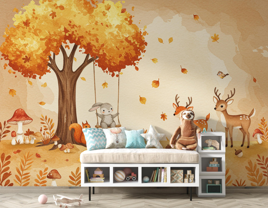 Autumn Woodland Watercolor Wallpaper Mural | Fall Forest Animals Wall Art | Bunny, Fox & Deer Nursery Decor | Cozy Fall Kids Room 170DE