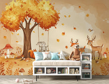 Load image into Gallery viewer, Autumn Woodland Watercolor Wallpaper Mural | Fall Forest Animals Wall Art | Bunny, Fox &amp; Deer Nursery Decor | Cozy Fall Kids Room 170DE