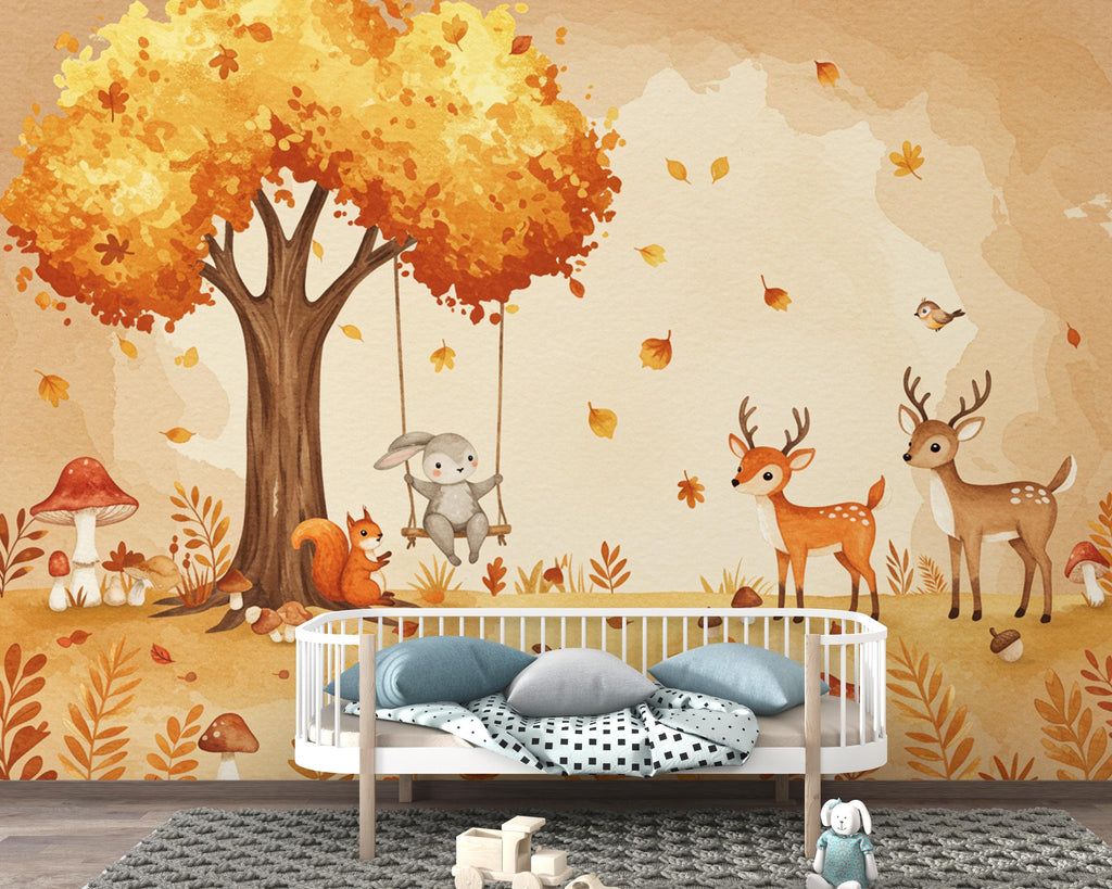 Autumn Woodland Watercolor Wallpaper Mural | Fall Forest Animals Wall Art | Bunny, Fox & Deer Nursery Decor | Cozy Fall Kids Room 170DE