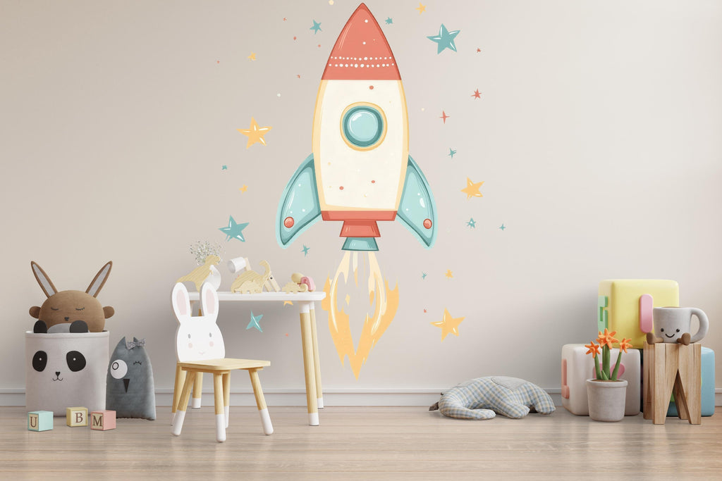 Rocket Ship Wall Decal • Space Nursery Wall Sticker • Kids Room Rocket Decor • Peel & Stick Space Art • Boys Nursery Wall Mural • Astronaut
