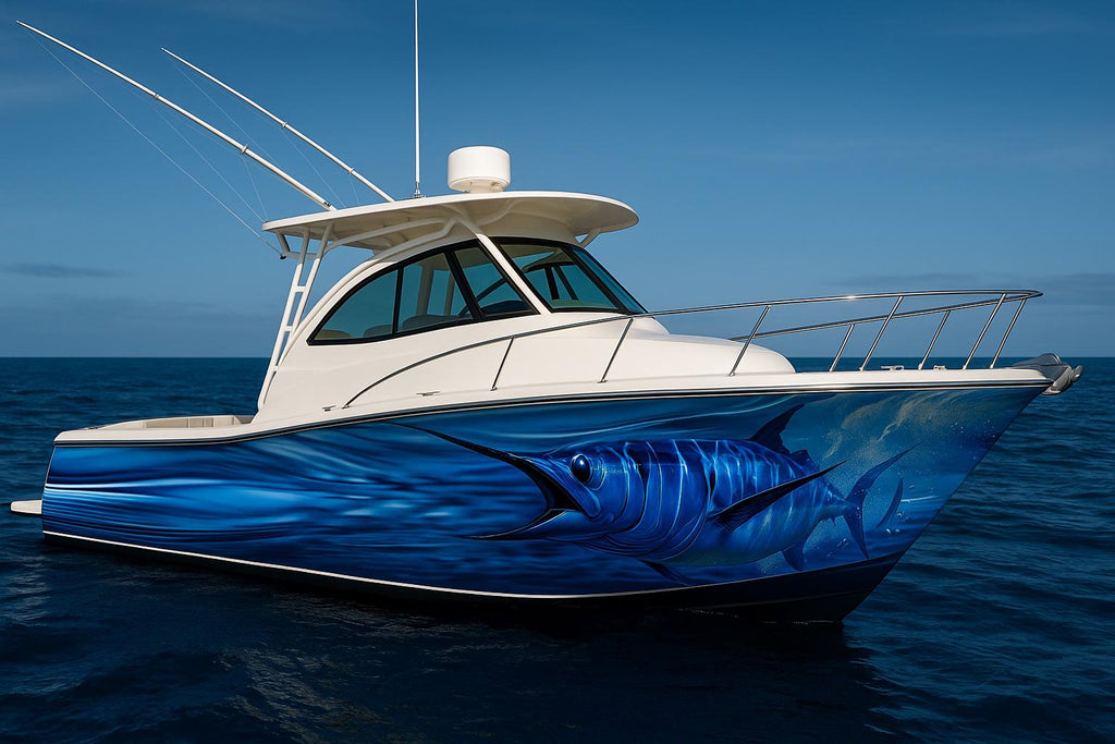 Blue Marlin Boat Wrap – Realistic Full-Color Marine Vinyl Design for Fishing Boats, Sport Boats & Offshore Racers | Custom Deep Sea Boat