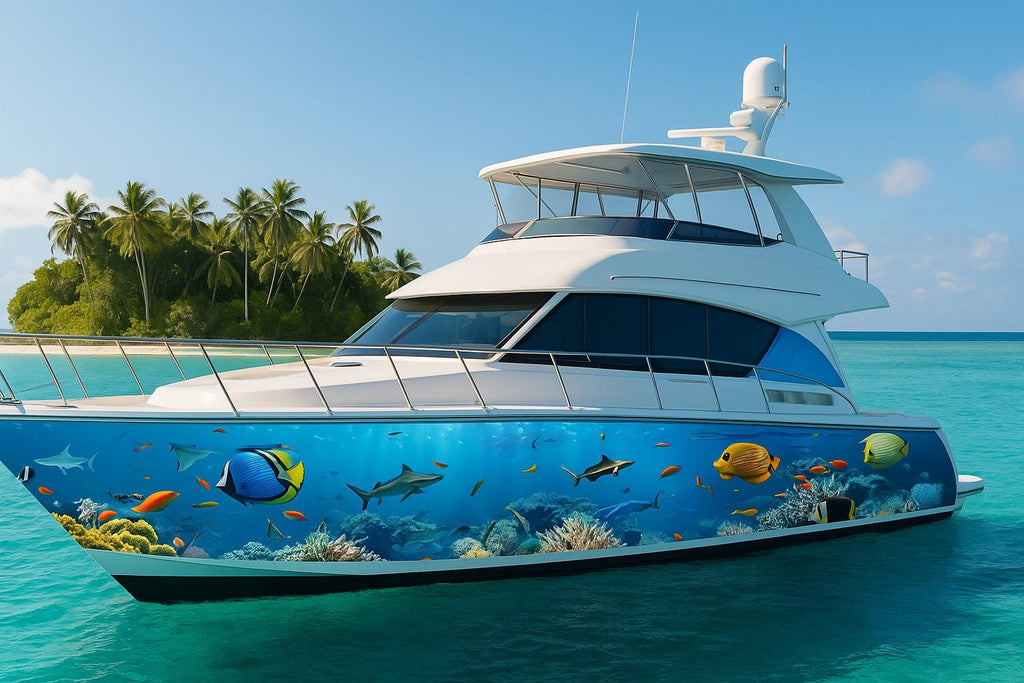 Tropical Reef Boat Wrap – Vibrant Full-Color Marine Vinyl Design with Coral & Fish for Yachts, Fishing Boats Sport Boats | Ocean Theme