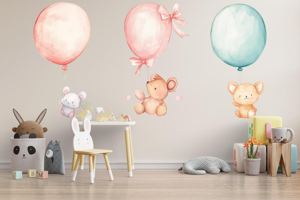Cute Balloon Animal Wall Decals • Nursery Wall Stickers • Baby Room Decor • Watercolor Bear Bunny Koala Wall Art • Peel & Stick Pastel Kids