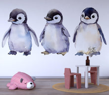 Load image into Gallery viewer, Watercolor Baby Penguin Wall Decal Set • Cute Arctic Nursery Wall Stickers • Kids Room Animal Decor • Peel &amp; Stick Penguin Mural • Baby Room