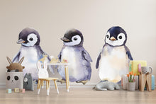 Load image into Gallery viewer, Watercolor Baby Penguin Wall Decal Set • Cute Arctic Nursery Wall Stickers • Kids Room Animal Decor • Peel &amp; Stick Penguin Mural • Baby Room