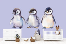 Load image into Gallery viewer, Watercolor Baby Penguin Wall Decal Set • Cute Arctic Nursery Wall Stickers • Kids Room Animal Decor • Peel &amp; Stick Penguin Mural • Baby Room
