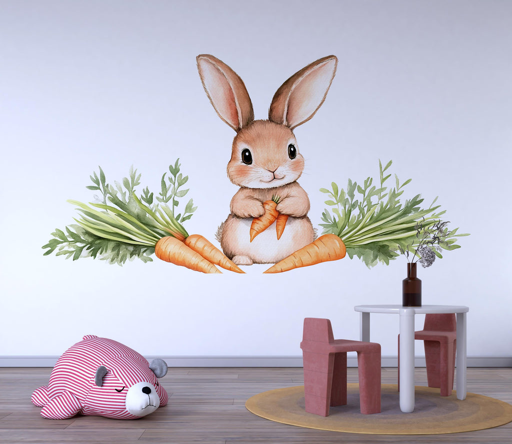 Watercolor Bunny Wall Decal • Cute Rabbit Nursery Wall Stickers • Baby Room Animal Decor • Carrot Bunny Peel & Stick Mural • Kids Playroom