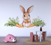Load image into Gallery viewer, Watercolor Bunny Wall Decal • Cute Rabbit Nursery Wall Stickers • Baby Room Animal Decor • Carrot Bunny Peel &amp; Stick Mural • Kids Playroom