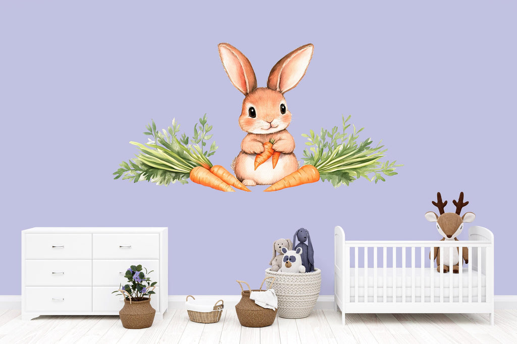 Watercolor Bunny Wall Decal • Cute Rabbit Nursery Wall Stickers • Baby Room Animal Decor • Carrot Bunny Peel & Stick Mural • Kids Playroom