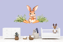 Load image into Gallery viewer, Watercolor Bunny Wall Decal • Cute Rabbit Nursery Wall Stickers • Baby Room Animal Decor • Carrot Bunny Peel &amp; Stick Mural • Kids Playroom