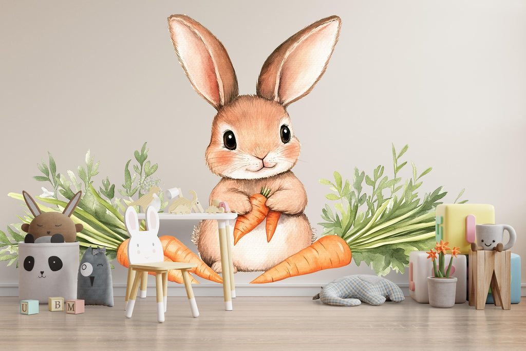 Watercolor Bunny Wall Decal • Cute Rabbit Nursery Wall Stickers • Baby Room Animal Decor • Carrot Bunny Peel & Stick Mural • Kids Playroom