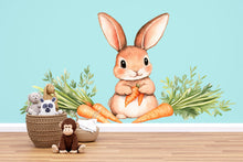 Load image into Gallery viewer, Watercolor Bunny Wall Decal • Cute Rabbit Nursery Wall Stickers • Baby Room Animal Decor • Carrot Bunny Peel &amp; Stick Mural • Kids Playroom