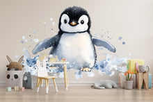 Load image into Gallery viewer, Watercolor Penguin Wall Decal • Giant Baby Penguin Nursery Sticker • Kids Room Arctic Animal Decor • Peel &amp; Stick Mural • Playroom Wall Art
