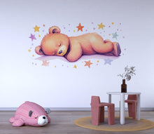 Load image into Gallery viewer, Sleeping Bear Wall Decal • Nursery Bear Sticker • Watercolor Baby Room Decor • Cute Animal Wall Art • Kids Room Mural • Pastel Stars Nursery
