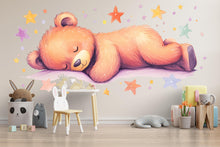 Load image into Gallery viewer, Sleeping Bear Wall Decal • Nursery Bear Sticker • Watercolor Baby Room Decor • Cute Animal Wall Art • Kids Room Mural • Pastel Stars Nursery