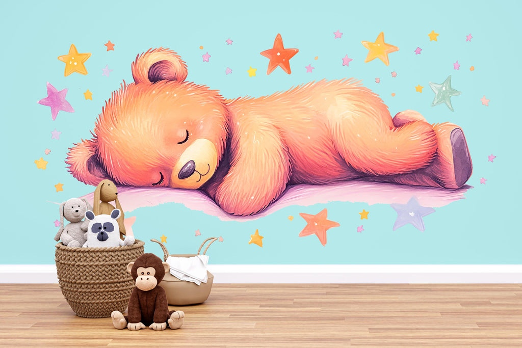 Sleeping Bear Wall Decal • Nursery Bear Sticker • Watercolor Baby Room Decor • Cute Animal Wall Art • Kids Room Mural • Pastel Stars Nursery