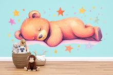 Load image into Gallery viewer, Sleeping Bear Wall Decal • Nursery Bear Sticker • Watercolor Baby Room Decor • Cute Animal Wall Art • Kids Room Mural • Pastel Stars Nursery