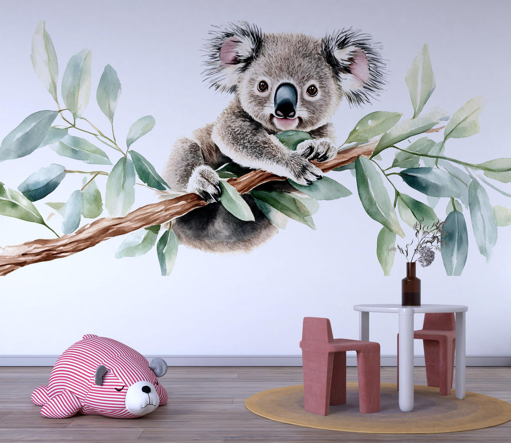 Koala Wall Decal • Nursery Koala Sticker • Baby Room Wall Art • Watercolor Animal Mural • Kids Room Decor • Eucalyptus Branch Wall Sticker