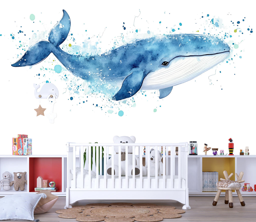 Watercolor Whale Wall Decal • Ocean Nursery Sticker • Blue Whale Mural • Kids Room Sea Animal Decor • Baby Boy Nursery Wall Art