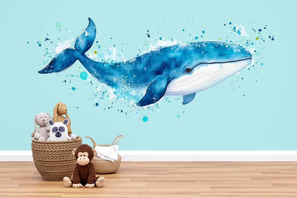 Watercolor Whale Wall Decal • Ocean Nursery Sticker • Blue Whale Mural • Kids Room Sea Animal Decor • Baby Boy Nursery Wall Art