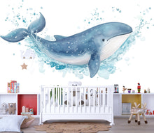 Load image into Gallery viewer, Watercolor Whale Wall Decal • Ocean Nursery Sticker • Blue Splash Whale Mural • Baby Room Sea Animal Decor • Kids Wall Art • Peel &amp; Stick