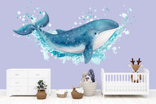 Load image into Gallery viewer, Watercolor Whale Wall Decal • Ocean Nursery Sticker • Blue Splash Whale Mural • Baby Room Sea Animal Decor • Kids Wall Art • Peel &amp; Stick